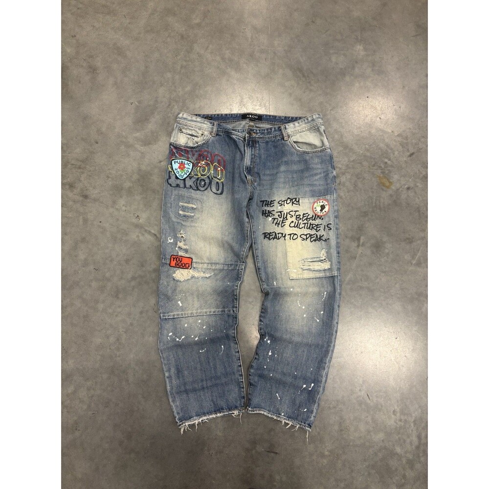 Men’s Akoo distressed jeans with crazy graphics size 42 - fire design big size